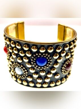 Vintage Black & Gold Wide Statement Cuff Bracelet Multicolor Cabochons 1970s